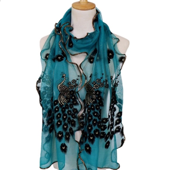 🌸TEAL PEACOCK EMBROIDERED SCARF VELVET WRAP BOHO TURQUOISE LONG MULTIPURPOSE - Picture 4 of 7